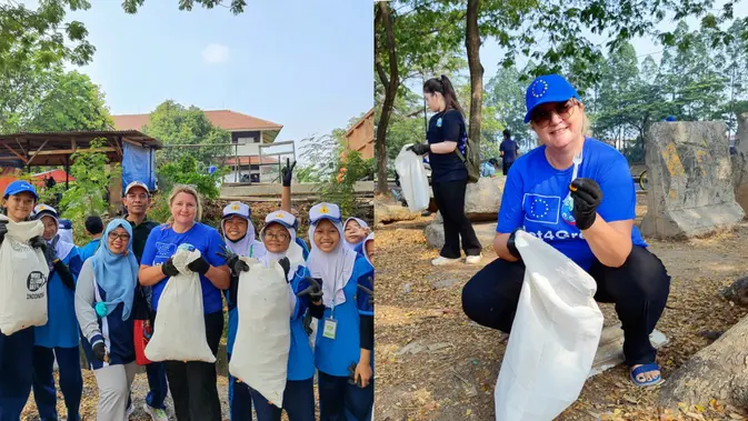 <p>Henriette Faergemann, bersama para siswa SMP Negeri 195 Jakarta sedang membersihkan lingkungan di sekitar sekolah. (Liputan6/ Therresia Maria Magdalena Morais)</p>