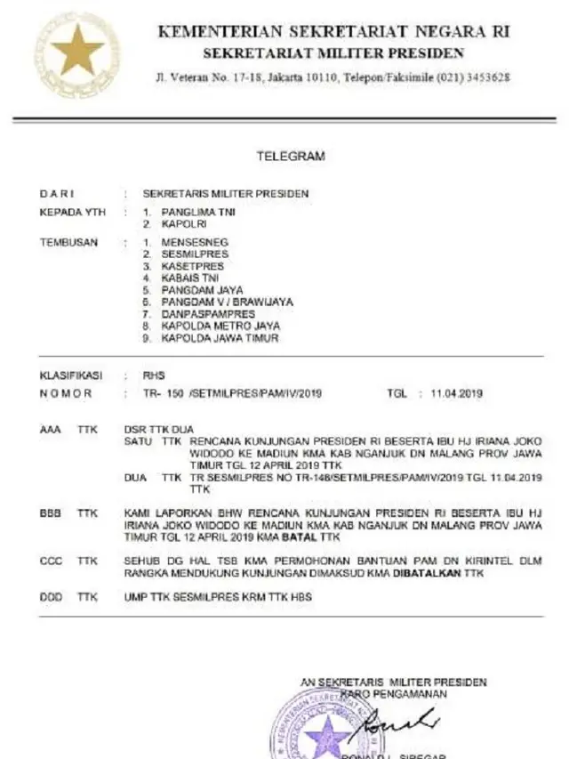 Surat Batalnya Kunjungan Jokowi ke Final Piala Presiden 2019