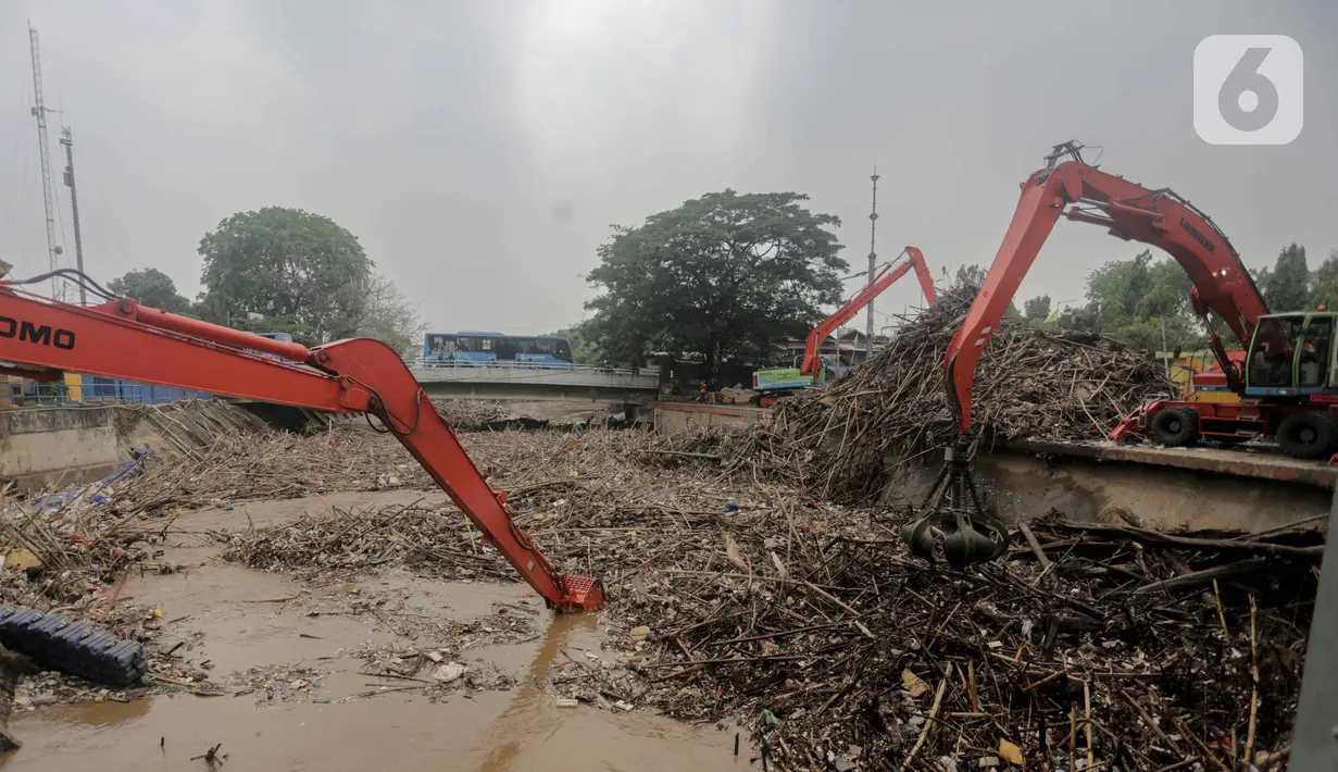 Petugas dibantu alat berat membersihkan sampah kayu dan bambu yang tersangkut di Pintu Air Manggarai, Jakarta, Rabu (9/10/2019). Sampah tersebut merupakan kiriman dari Bogor usai diguyur hujan deras tadi malam. (Liputan6.com/Faizal Fanani)