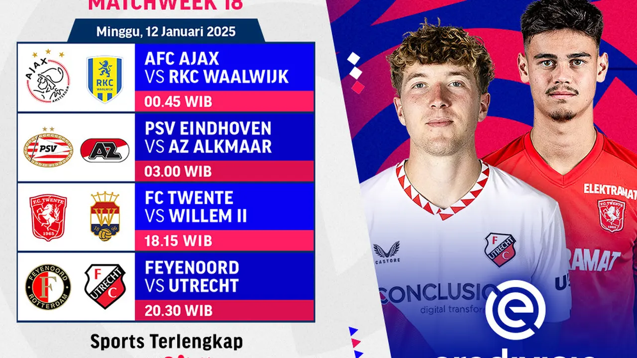 Jadwal Pertandingan Eredivisie 2024/25 Matchweek ke 18 di Vidio