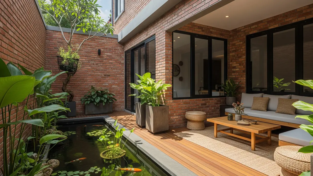 Teras Belakang Rumah Bata Merah Ala Industrial Tropis Terbaru 2025