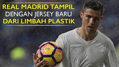 Video Real Madrid menggunakan jersey baru yang memakai bahan dasar limbah botol plastik dari Samudera Hindia di laga melawan Sporting Gijon, sabtu (26/11/2016).