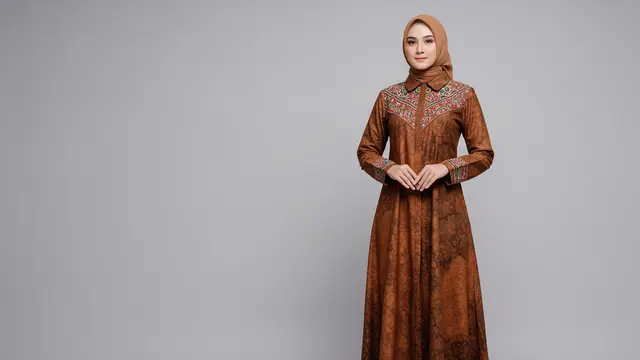 Gamis Batik Warna Earth Tone dengan Bordir Etnik