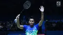 Ganda campuran Indonesia, Tontowi Ahmad merayakan kemenangan atas Hafiz Faizal/Gloria Emanulle Widjaja di semifinal Indonesia Open 2018 di Istora GBK Jakarta, Sabtu (7/7). Tontowi/Liliyana unggul 21-18, 21-8. (Liputan6.com/Helmi Fithriansyah)