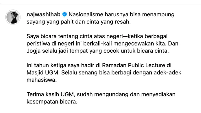 Unggahan Najwa Shihab. (Foto: Dok. Instagram @najwashihab)