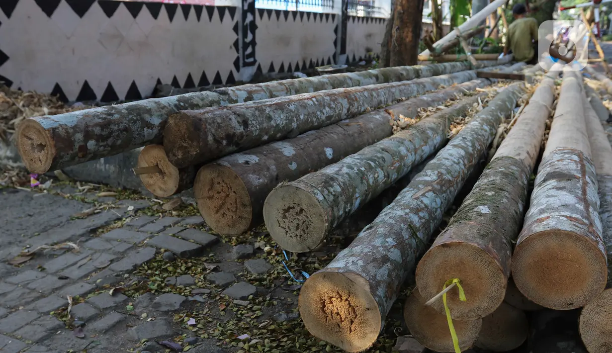 Tumpukan bahan baku batang pohon pinang di kawasan Manggarai, Jakarta, Rabu (9/8/2023). (Liputan6.com/Herman Zakharia)