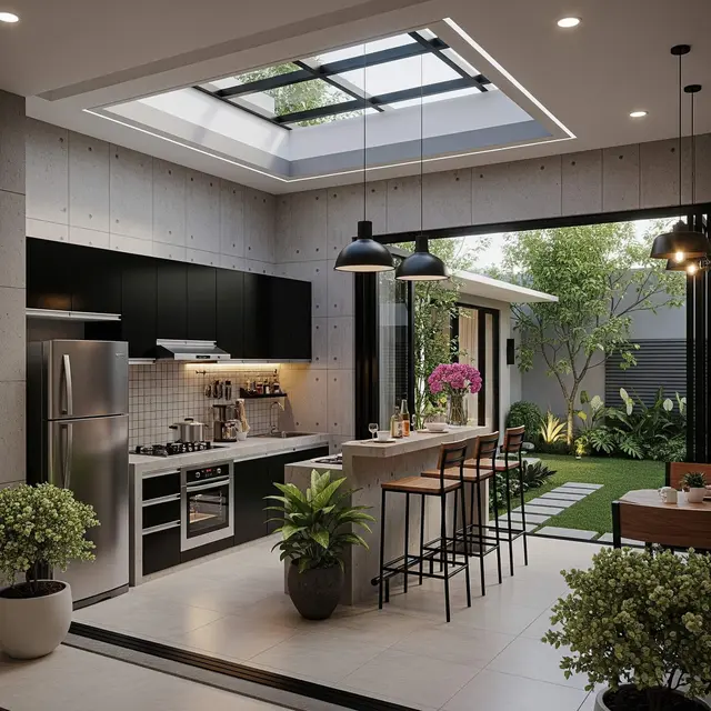 Ide Dapur Semi Outdoor dengan Taman Belakang