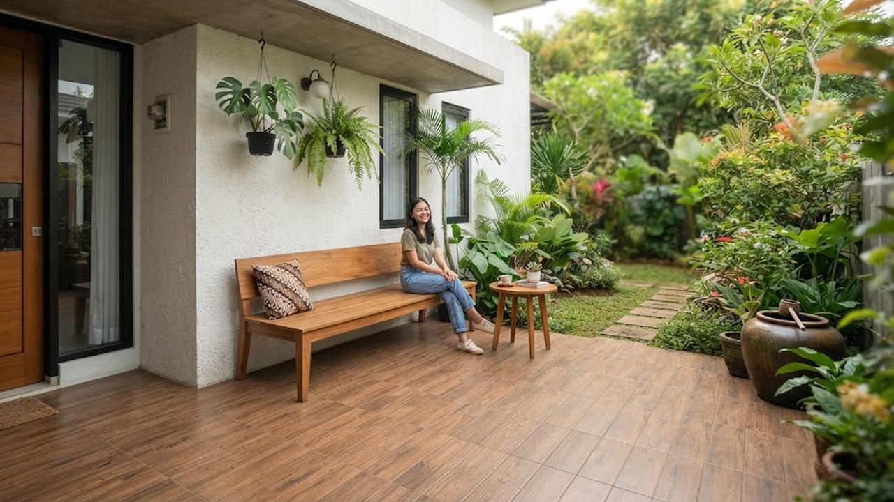Model teras minimalis dengan lantai motif kayu yang cocok untuk rumah masa kini dengan tambahan kursi panjang