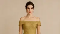 buat gambar gaun brokat mewah warna gold dengan model off shoulder ukuran panjang