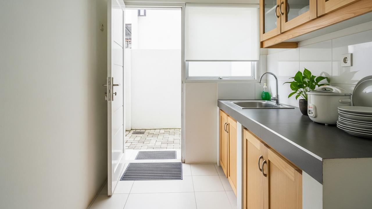 Cara Menata Dapur Belakang Rumah Sempit agar Tidak Becek Saat Hujan Deras dengan Meletakkan Keset di Titik Masuknya Air