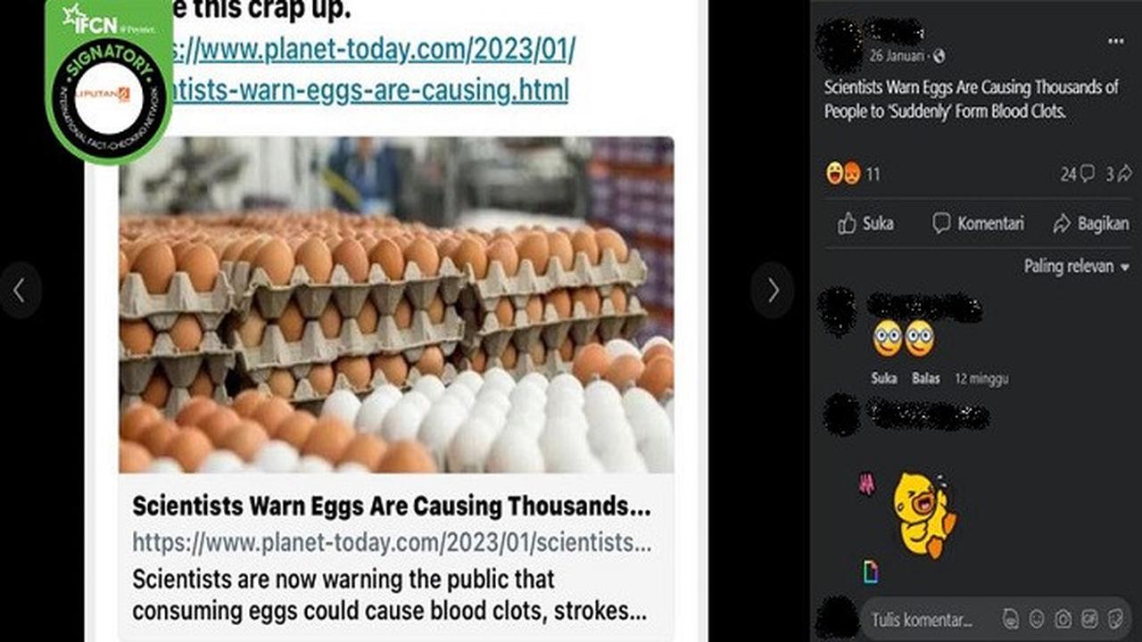 Gambar Tangkapan Layar Klaim Mengonsumsi Telur dapat Menyebabkan Pembekuan Darah, Stroke, dan Penyakit Jantung (sumber: Facebook).