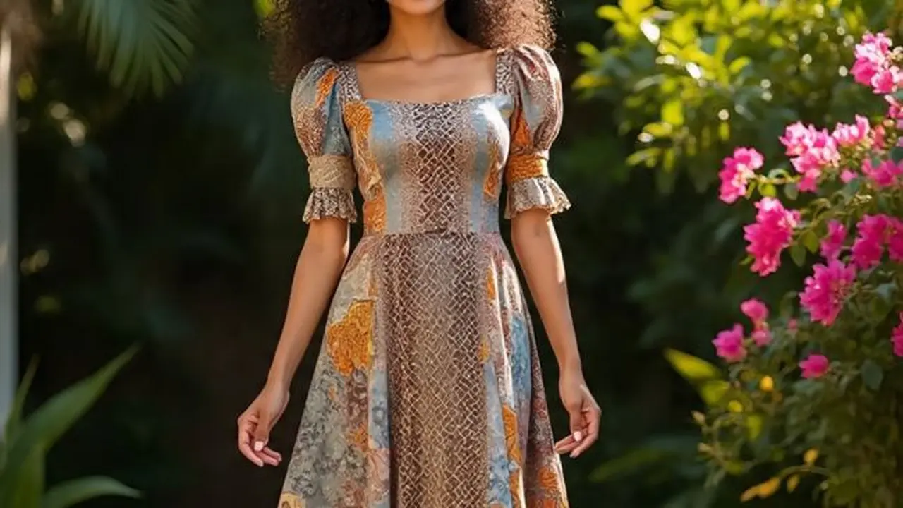 Ilustrasi Model Dress Batik Kombinasi Brokat Lengan Pendek (Sumber Gambar: Meta AI)