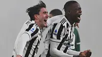 Dua pemain anyar Juventus, Dusan Vlahovic dan Denis Zakaria masing-masing menyumbang satu gol ke gawang Hellas Verona dalam laga Liga Italia 2021/2022, Minggu (6/2/2022). Dengan kemenangan 2-0, Juventus memperbaiki posisi mereka dengan naik ke posisi ke-4. (AFP/Isabella Bonotto)