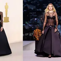 Lady Gaga memakai gaun hitam Versace yang sama dengan yang dikenakan Gigi Hadid di runway (Foto: Instagram @versace)
