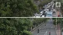 Foto atas menggambarkan suasana Kawasan Palmerah, Selasa (24/09/2019). Foto bawah dilokasi yang sama, Sabtu (18/04/2020). Lebih dari satu bulan Indonesia terkena pandemi Covid-19, per 18 April 2020 tercatat 6.248 kasus positif, 631 sembuh, 535 meninggal. (Liputan6.com/Helmi Fithriansyah)