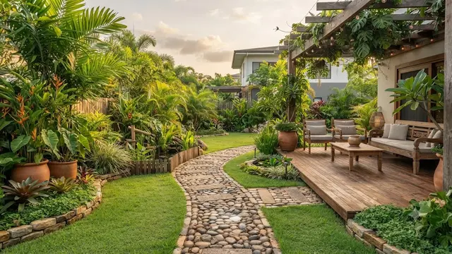 Inspirasi Taman dengan Unsur Kayu dan Batu Kali