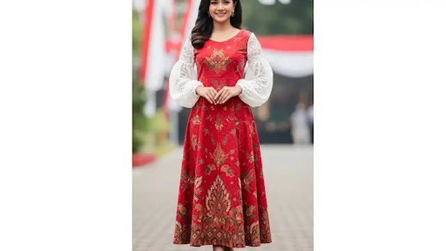 Brokat Putih Elegan dengan Batik Merah Kemerdekaan
