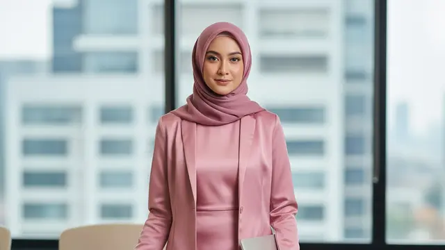 Gamis Satin Flowy dengan Outer Blazer Tipis Warna Senada