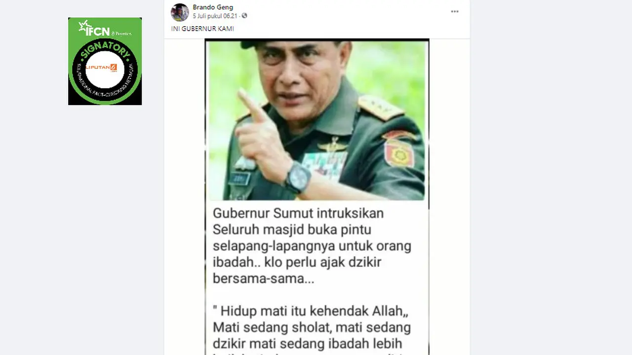 Cek Fakta Liputan6.com menelusuri klaim Gubernur Sumut instruksikan seluruh masjid dibuka