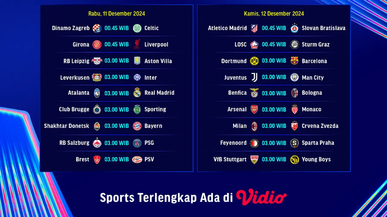 Jadwal Liga Champions 2024/25 Matchweek 6 di Vidio