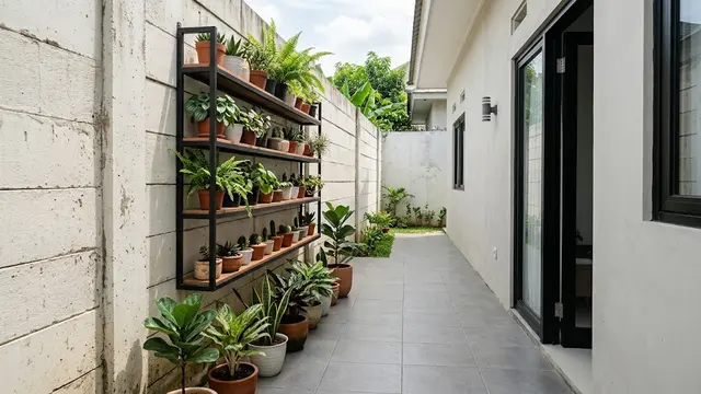 Taman dengan Rak Tanaman Bertingkat
