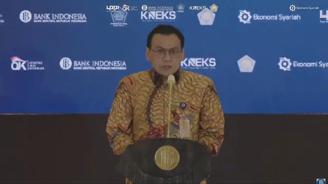Staf Ahli Bidang Jasa Keuangan dan Pasar Modal Kementerian Keuangan Arief Wibisono dalam peluncuran  Buku Kajian Ekonomi dan Keuangan Syariah Indonesia (KEKSI) 2023 dan  Seminar Nasional Sharia Economic & Financial Outlook (ShEFO) 2024, Senin (26/2/2024).