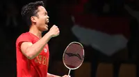 Anthony Ginting meluapkan emosinya setelah menyumbang poin untuk Indonesia saat menghadapi Malaysia pada perempat final Piala Thomas 2020 di Ceres Arena, Aarhus, Denmark, Jumat (15/10/2021). (foto: BWF-Limited Access)