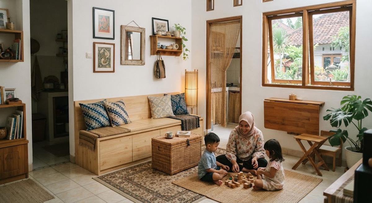 Desain ruang tamu rumah kampung yang sederhana tapi terlihat rapi model furnitur multifungsi