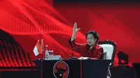 Ketua Umum Partai Demokrasi Indonesia Perjuangan (Ketum PDIP) Megawati Soekarnoputri menyampaikan pidato politik pada penutupan Rapat Kerja Nasional atau Rakernas V PDIP di Ancol, Jakarta Utara, Minggu (26/5/2024). (Tim Media PDIP)