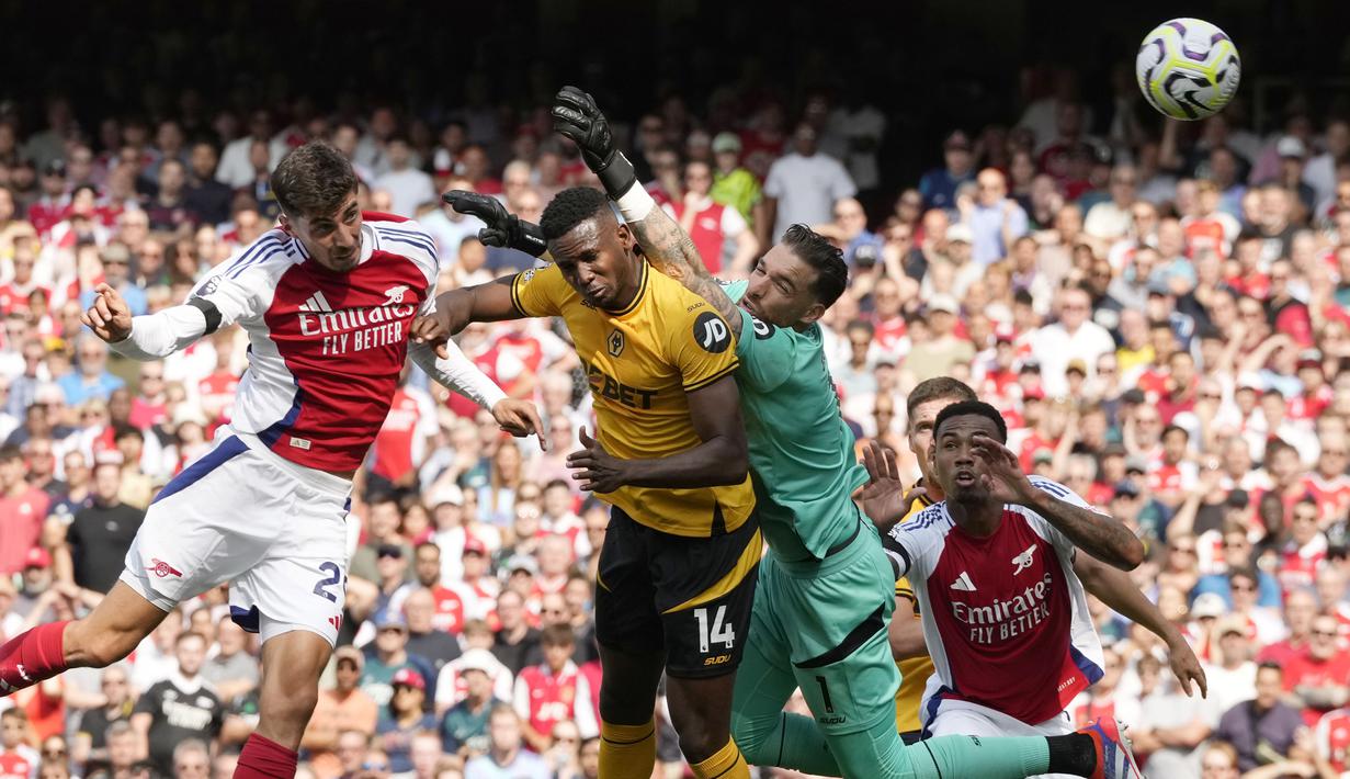 The Gunners menang dua gol tanpa balas melalui gol yang cetak oleh Kai Harvetz  dan Bukayo Saka. (AP Photo/Frank Augstein)