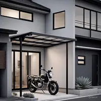 Rumah perkotaan hemat biaya di tahun 2025 dengan kanopi garasi minimalis dari besi hitam, cat monokrom, halaman depan kecil dengan tanaman sukulen, dan motor terparkir di bawah carport. (Liputan6.com/MetaAI)