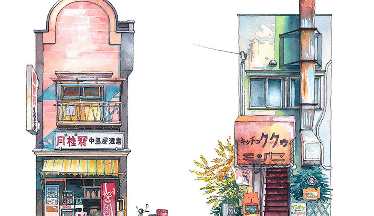 Kreatif Seri Gambar  Cat  Air  Ilustrasi Kedai Tua di Tokyo 