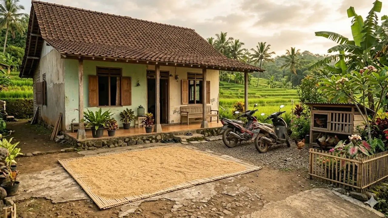 Model Rumah Kampung dengan Halaman Depan untuk Jemur Padi dan Parkir Motor