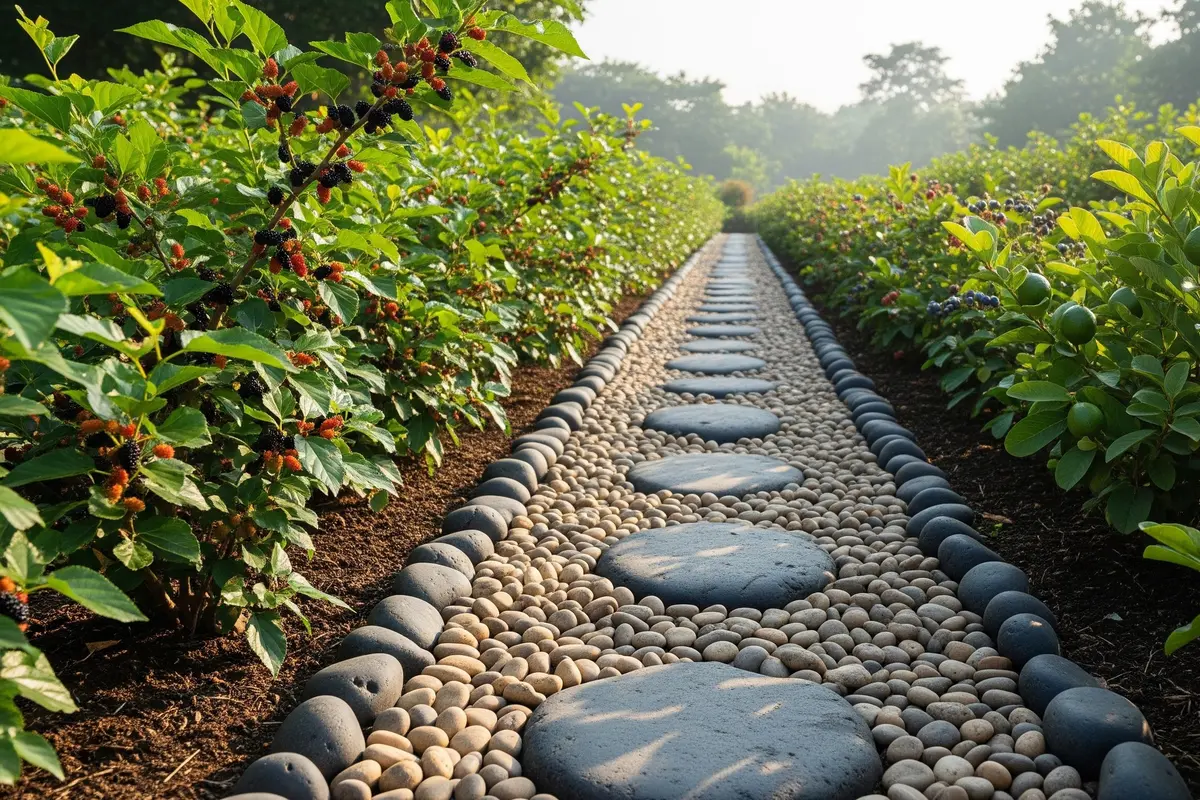 Desain Taman Buah Mini dengan Jalur Batu Alam yang Rapi (Image by Gemini AI)