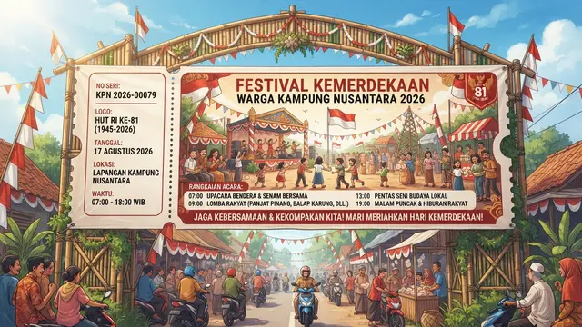 Desain spanduk 17 Agustus 2026 yang kreatif dan belum pernah dibuat model tiket masuk festival