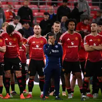Ekspresi para pemain Manchester United atas kekalahan mereka di final Liga Europa musim 2024/2025 melawan Tottenham Hotspur di stadion San Mames, Bilbao pada 21 Mei 2025 waktu setempat atau Kamis (22/5) dini hari WIB. (Josep LAGO/AFP)