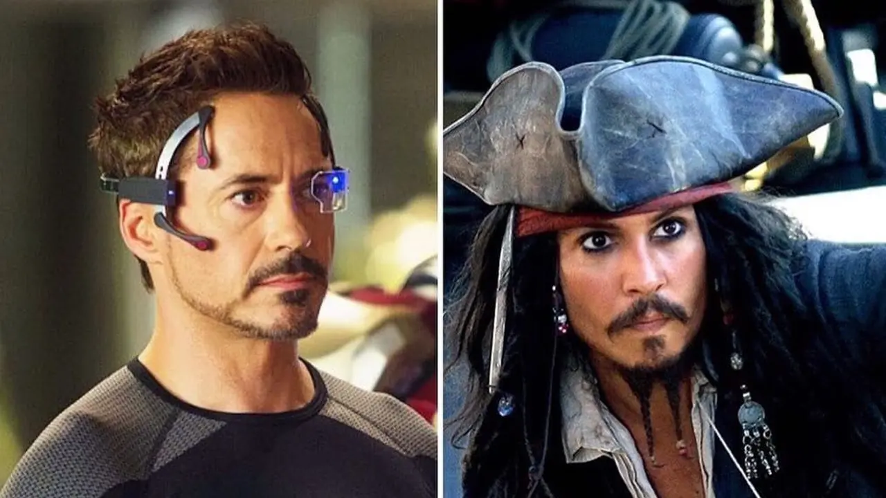 Robert Downey Jr. sebagai Tony Stark dari film Iron Man dan Johnny Depp sebagai Jack Sparrow dari film The Pirates of the Caribbean. (Kolase Foto: Marvel Studios / Disney via Pinterest)