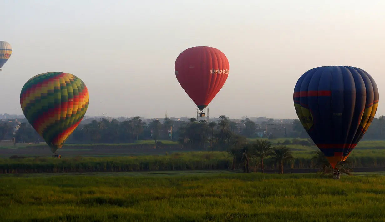 Sejumlah balon udara panas yang membawa wisatawan mengudara di atas kota Luxor, Kairo, Mesir (13/12). Kota Luxor dijuluki sebagai "The World Greatest Open Air Museum". (Reuters/Amr Abdallah Dalsh)