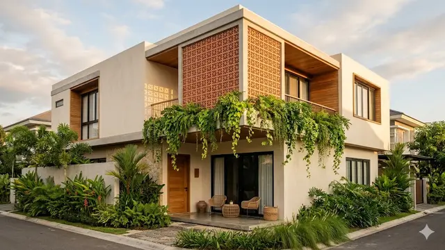 Desain Fasad Rumah dengan Roster dan Tanaman Gantung