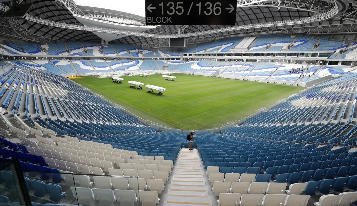 Pemandangan bagian dalam Stadion Al Janoub di Doha, Qatar, Senin (16/12/2019). Stadion Al Janoub berkapasitas 40.000 penonton. (AP Photo/Hassan Ammar)