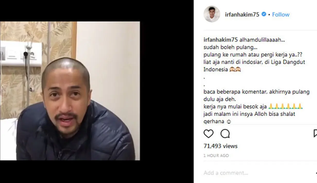 Setelah melewati berbagai proses pemeriksaan oleh tim dokter, akhirnya dilakukan tindakan selama satu jam dan batu diginjalnya ditembak. Hingga Irfan hakim diperbolehkan pulang ke rumah. (Instagram/irfanhakim75)