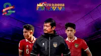 Timnas Indonesia - Indra Sjafri di Timnas Indonesia U-22 didampingi Marselino Ferdinan dan Ananda Raehan (Bola.com/Erisa Febri)