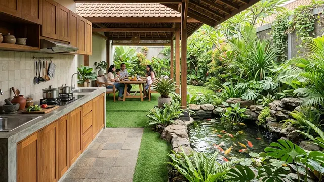 Desain Dapur Semi Outdoor dengan Kolam Ikan Mini