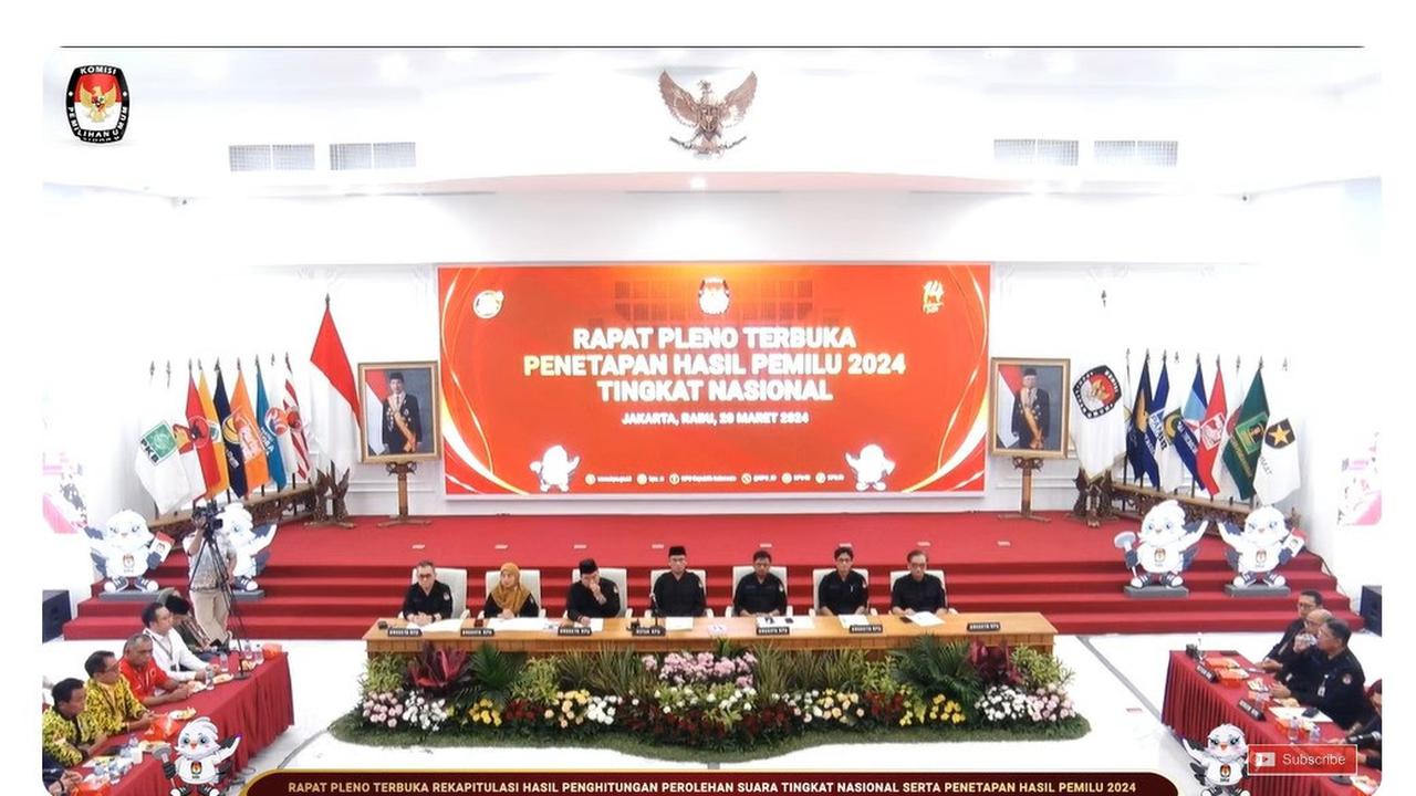 Komisi Pemilihan Umum Republik Indonesia (KPU RI) melakukan Rapat Pleno Terbuka Hasil Penghitungan Perolehan Suara Tingkat Nasional serta Penetapan Hasil Pemilihan Umum atau Pemilu 2024.