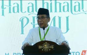 Ketum PBNU Gus Yahya di acara halal bihalal. Acara halal bihalal PBNU ini dihadiri presiden dan wapres terpilih, Prabowo Subianto dan Gibran Rakabuming Raka. (Foto: Istimewa)