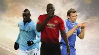 Ilustrasi - Andriy Shevchenko, Mario Balotelli, Romelu Lukaku Dengan Baju Premier League (Bola.com/Bayu Kurniawan Santoso)