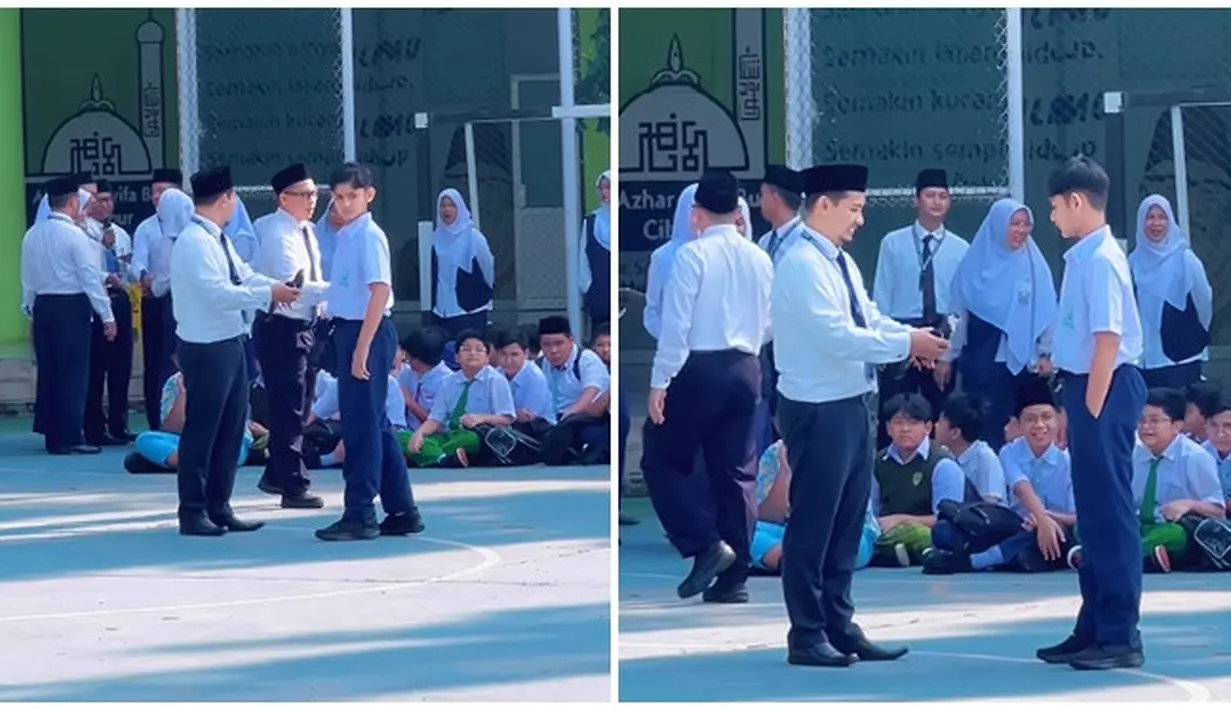 Ini adalah momen King Faaz di hari pertama sekolah SMP. Kegiatan belajar mengajar belum mulai, pada hari pertama sekolah biasanya akan ada perkenalan sekolah dan ekstrakurikuler yang bisa diikuti. Terlihat ada beberapa ekstrakurikuliner yang ditampilkan oleh para siswa. Jadi idola, netizen sebut banyak yang akan naksir anak pertama Fairuz A Rafiq itu di sekolahnya. (Liputan6.com/IG/@fairuzarafiq)