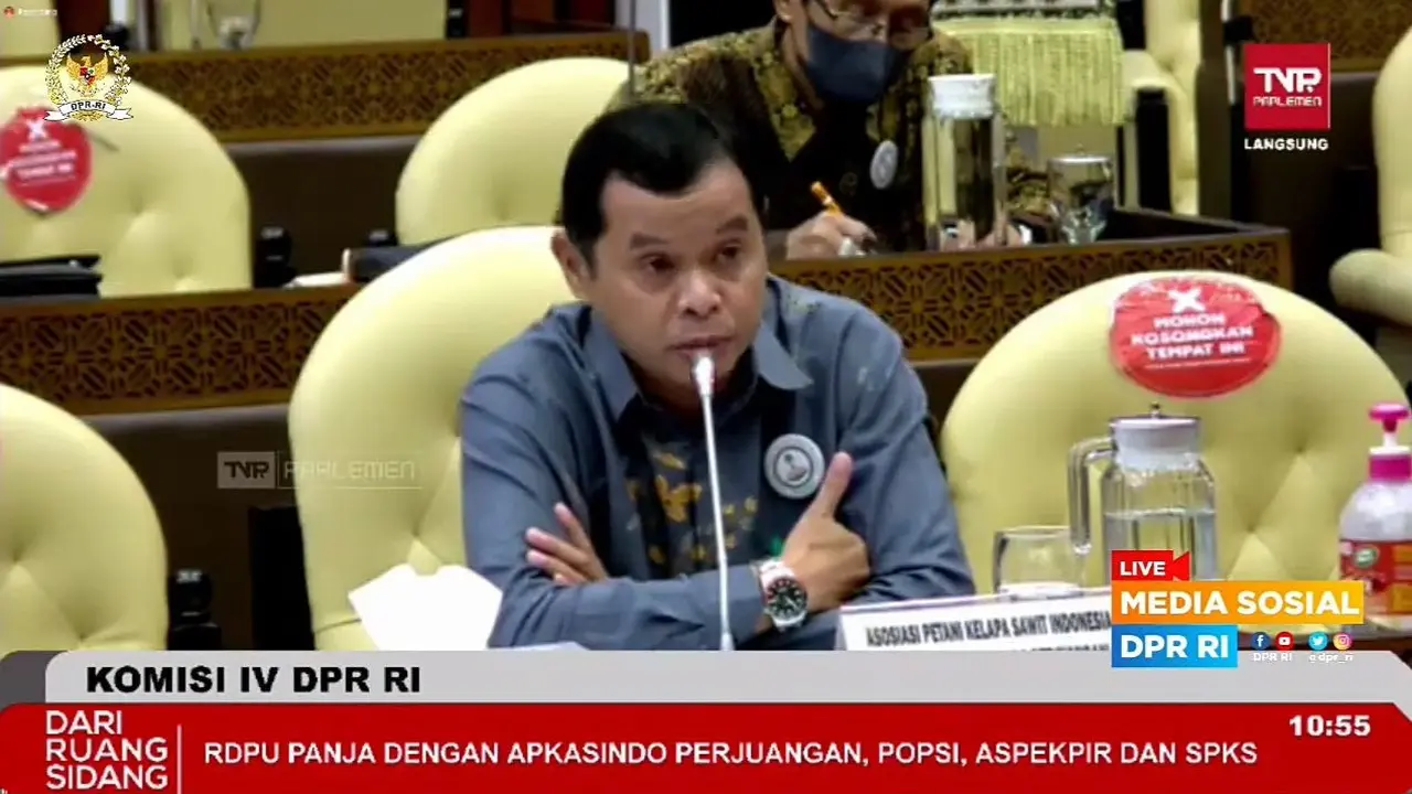 Ketua Umum Asosiasi Petani Kelapa Sawit Indonesia Perjuangan (Apkasindo Perjuangan) Alfian Arahman  saat Rapat Dengar Pendapat dengan Komisi IV DPR RI, Kamis (24/3/2022).