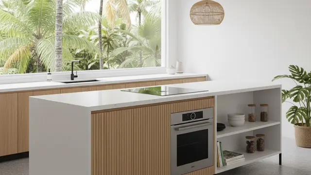 Meja kompor Fluted-Style Wooden Kitchen Island (Gemini AI)