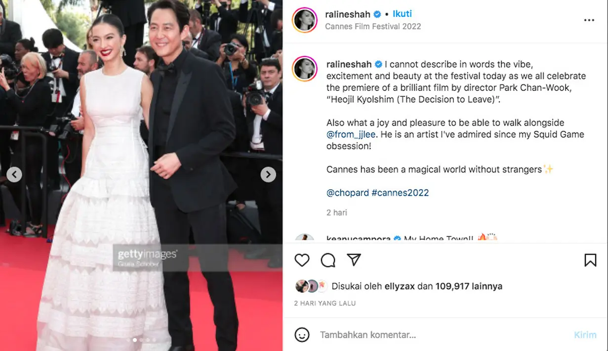 Kebahagiaan lain dalam tampilan tersebut adalah Raline Shah bisa berjalan bersama salah seorang aktor serial Squid Game Lee Jung-jae  (Foto: Instagram @chopard)